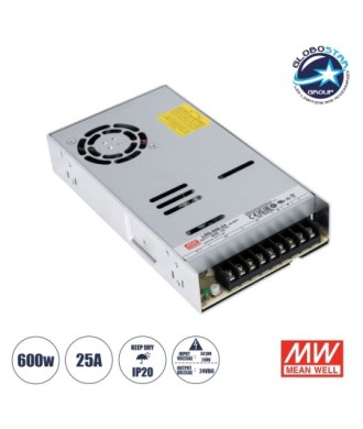 GLOBOSTAR® MEANWELL-LRS600-24 90788 Τροφοδοτικό-Μετασχηματιστής PELV 600W 25A DC 24V IP20 - AC 220-240V σε DC 24V - Ρυθμιζόμενo από 22.8VDC έως 26.4VDC - Μ22.5 x Π12.4 x Υ4.1cm - 3 Χρόνια Εγγύηση